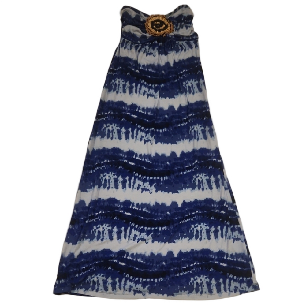 Blue and White Strapless Maxi Dress - Picture 1 of 6